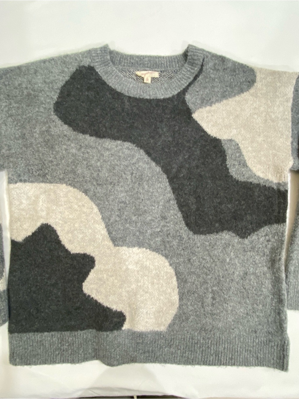 Mystree Women's Crewneck Sweater Grey Black Cream Camouflage Large loose soft